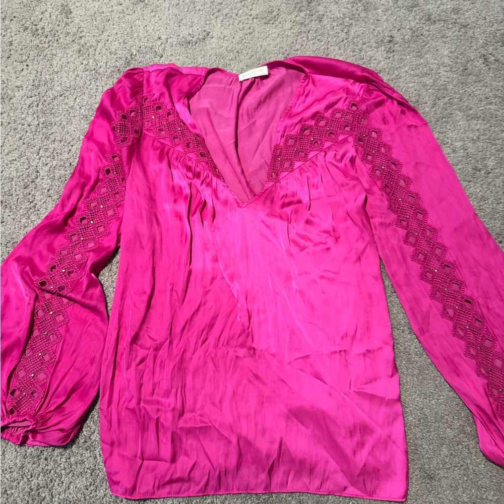 Ramy Brook Alaina Blouse in pink with embellished trim and blouson sleeves